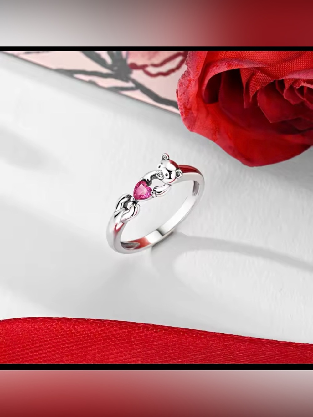 Sterling Silver Teddy Bear Ring with Pink Heart Stone